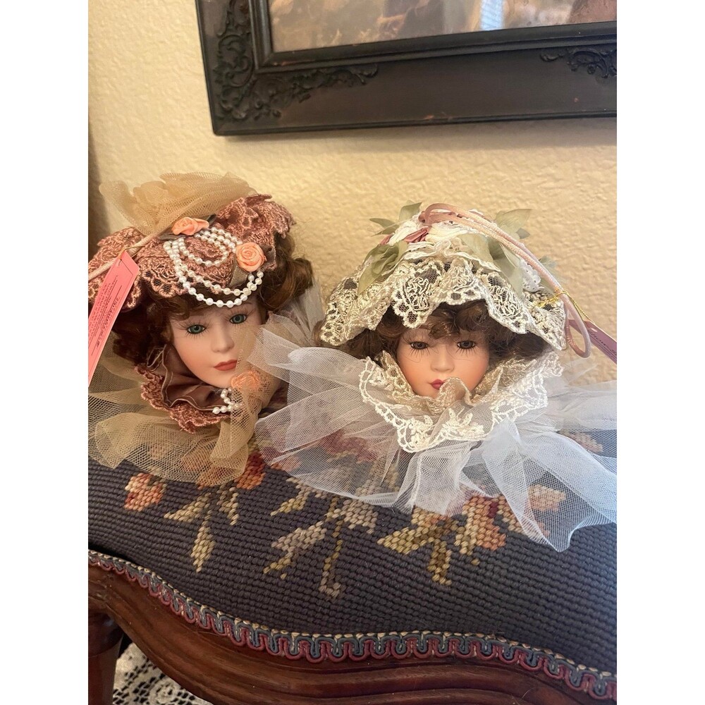 Set of 2 Victorian Porcelain Doll Ornaments